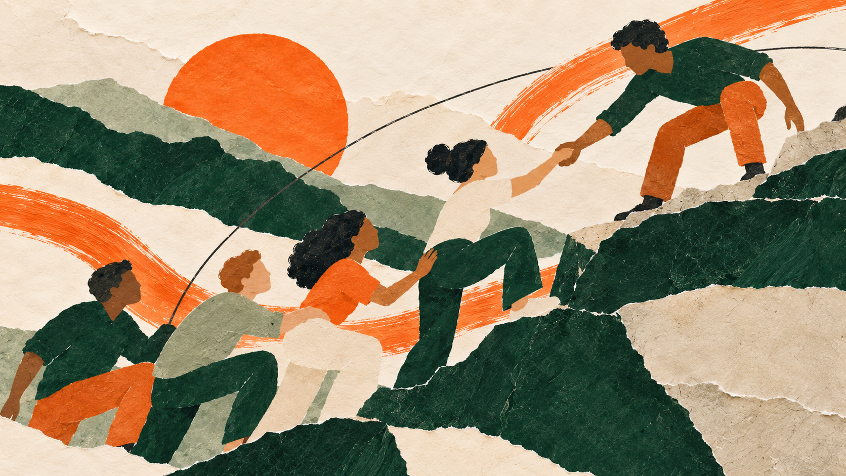 Illustration: Menschen helfen einander auf grünen Bergen, verbunden durch orangefarbene Pinselstriche