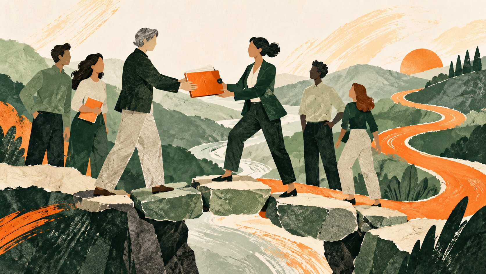 Illustration: eine Führungsperson übergibt einen Ordner an eine Nachfolgerin, das Team schaut zu, im Hintergrund ein orangefarbener Weg durchs Gebirge